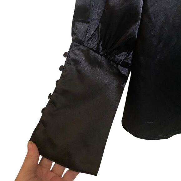 CHIGANT SZ Large Black Satin Blouse Puff French Cuff Sleeves Modest Elegant Chic - Picture 6 of 11